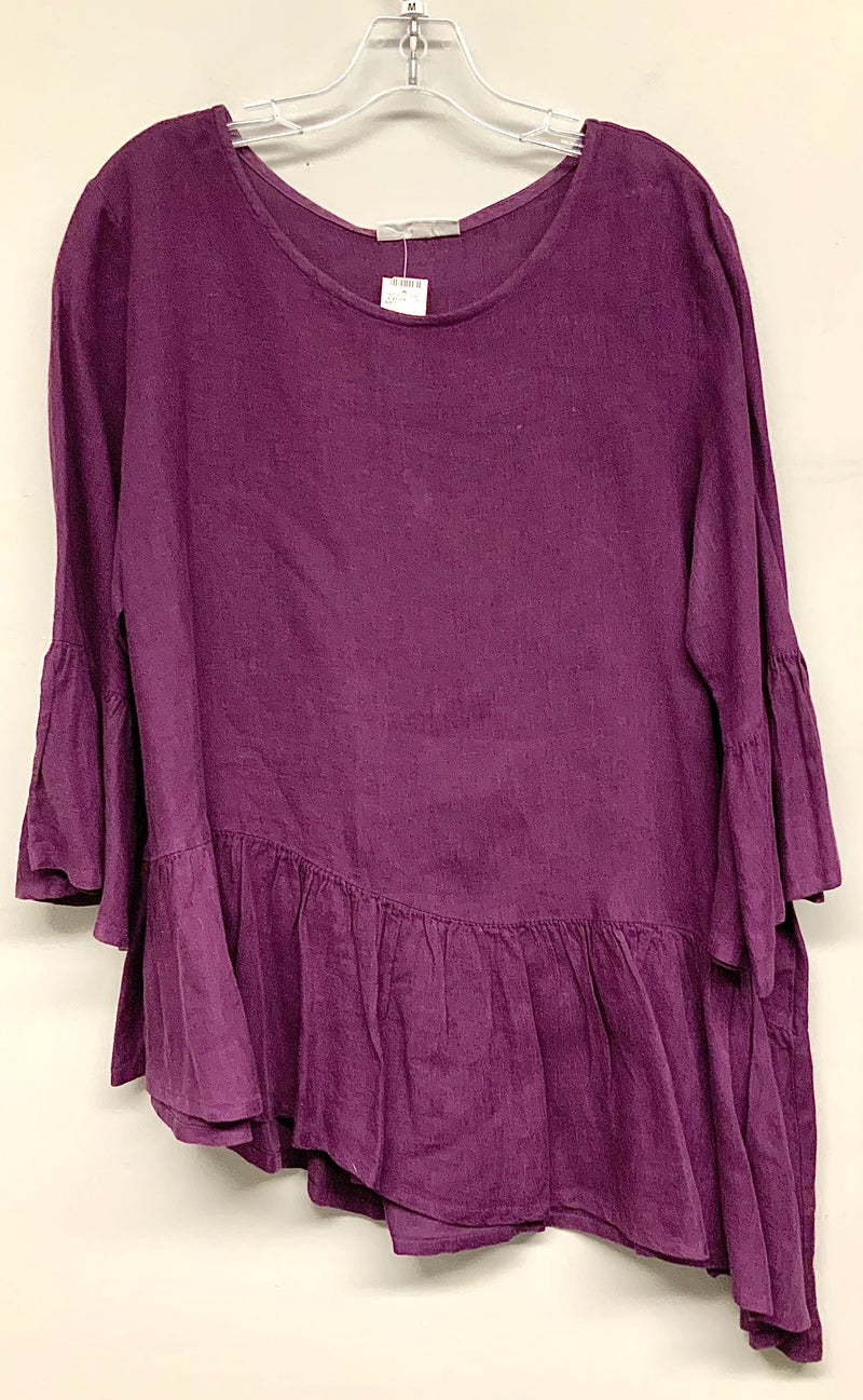 BRYN WALKER Purple Linen Ruffle Trim Asym Tunic