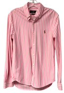RALPH LAUREN Pink White Striped Knit Oxford L/S B/D Top