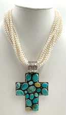 TED SECATERO NAVAJO Sterling, Pearl & Turquoise Cross Necklace