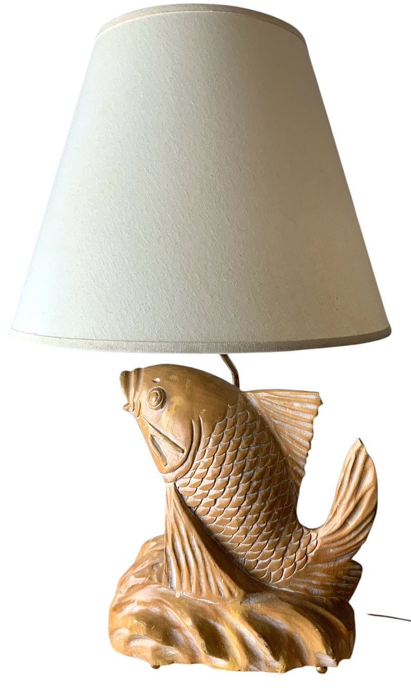 Carved Wood Fish Table Lamp with Linen Shade