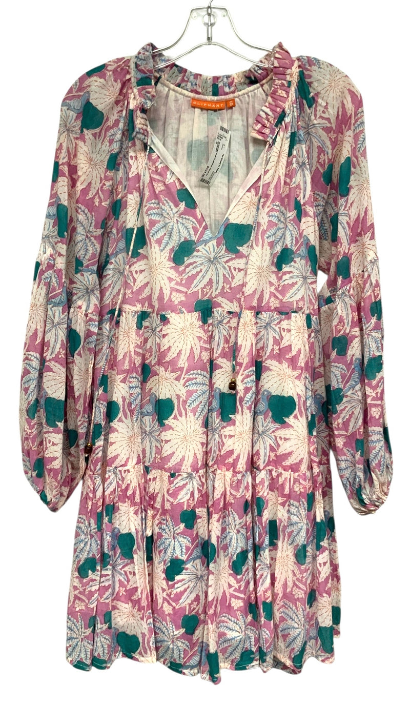 OLIPHANT Pink/Teal/White Floral Tie Neck L/S Dress