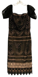 ML MONIQUE LHUILLIER Nude w/Black Lace Overlay Square Neck S/S Dress