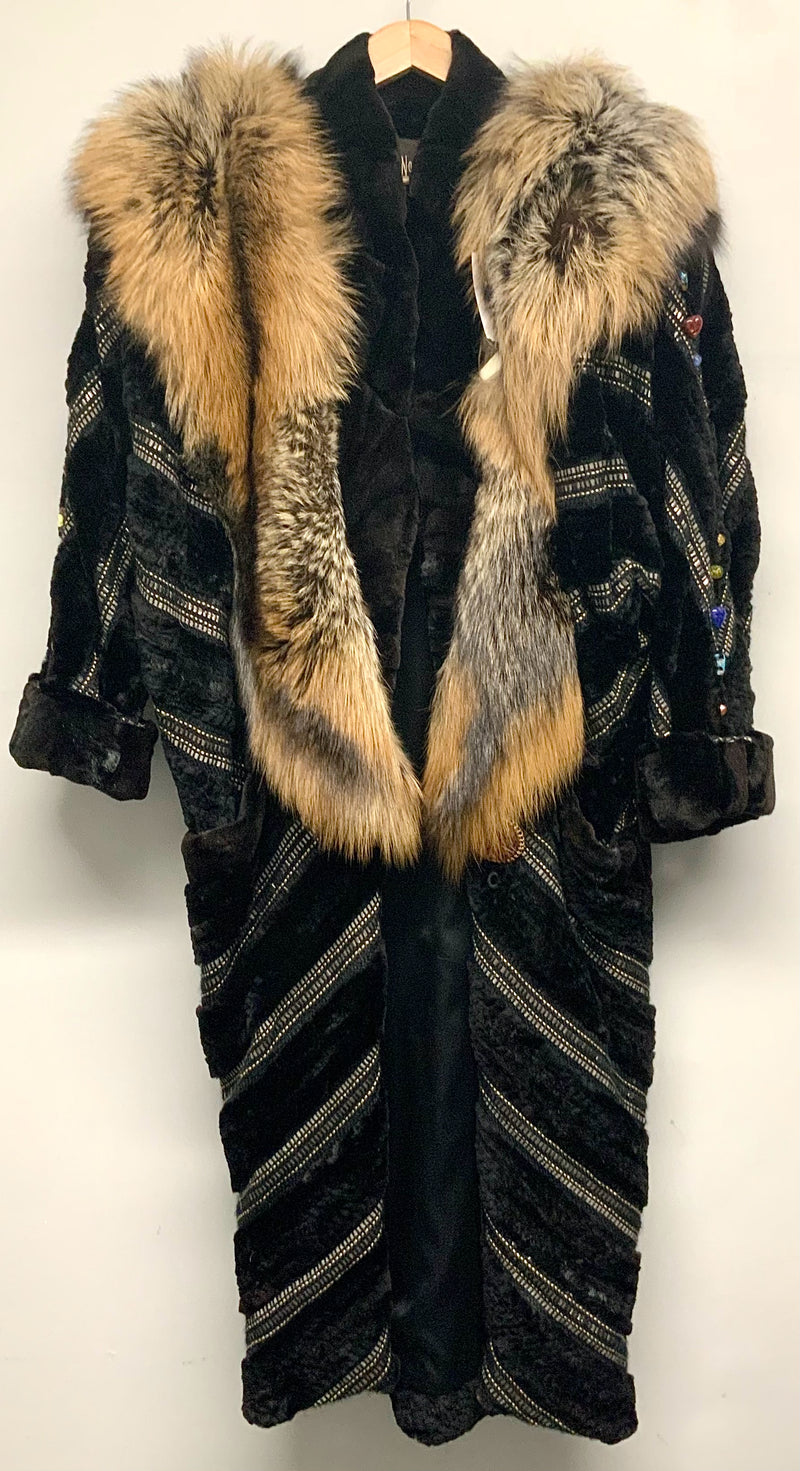 KIP KIRKENDALL Vintage Black Sheared Fur Murano Glass Bead Fox Trim Long Coat S