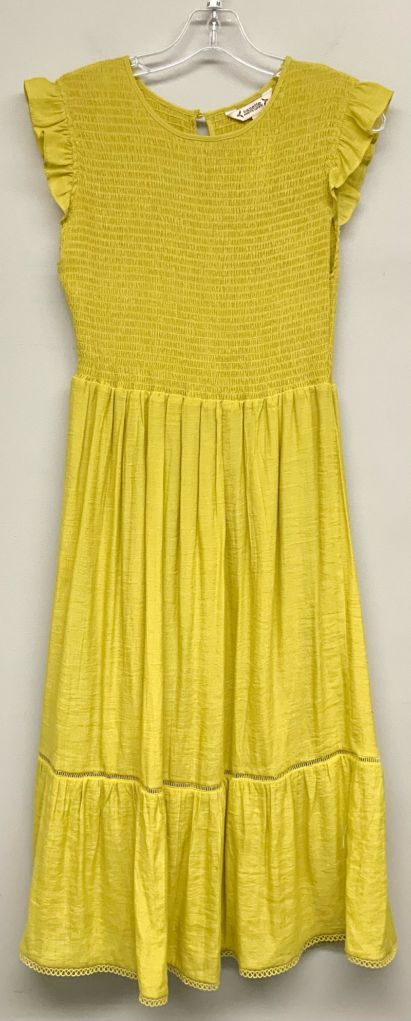 NANETTE LEPORE Chartreuse Smocked Top Flutter Sleeve Midi Dress