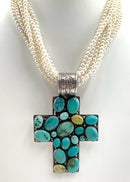 TED SECATERO NAVAJO Sterling, Pearl & Turquoise Cross Necklace