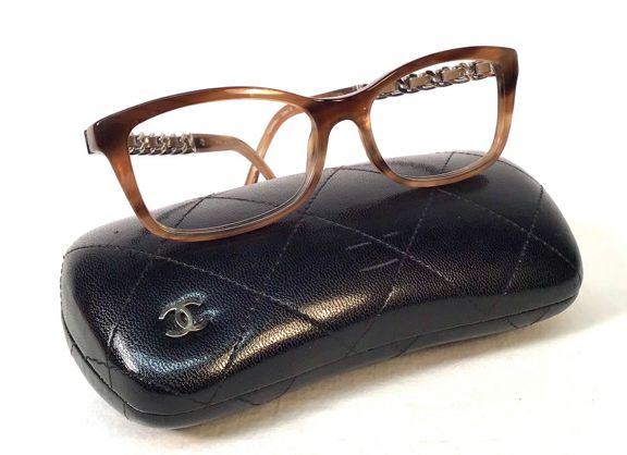 CHANEL Tan/Brown Marbled Tortoise Silvertone Chain Detail Eyeglass Frames Only