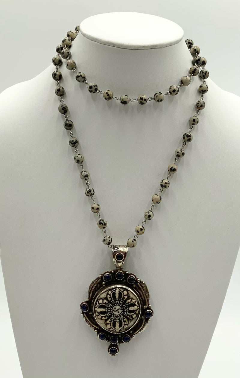 Tibetan Silvertone Metal, Dalmation Jasper & Onyx Necklace