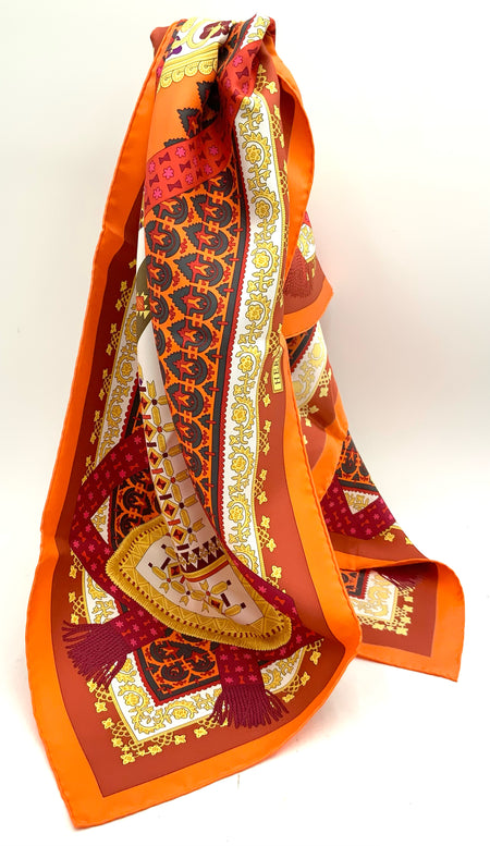 HERMES Orange Red Gold Multi Silk Brins d'or Golden Strands Scarf