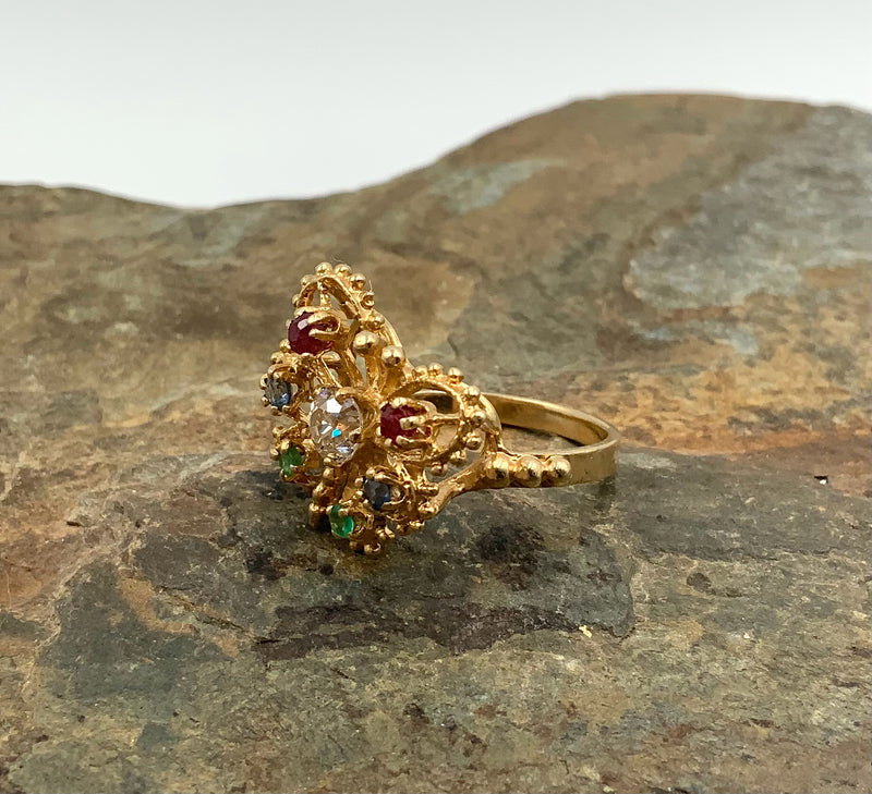 14kt Gold, Diamond, Emerald, Ruby & Sapphire Butterfly Ring