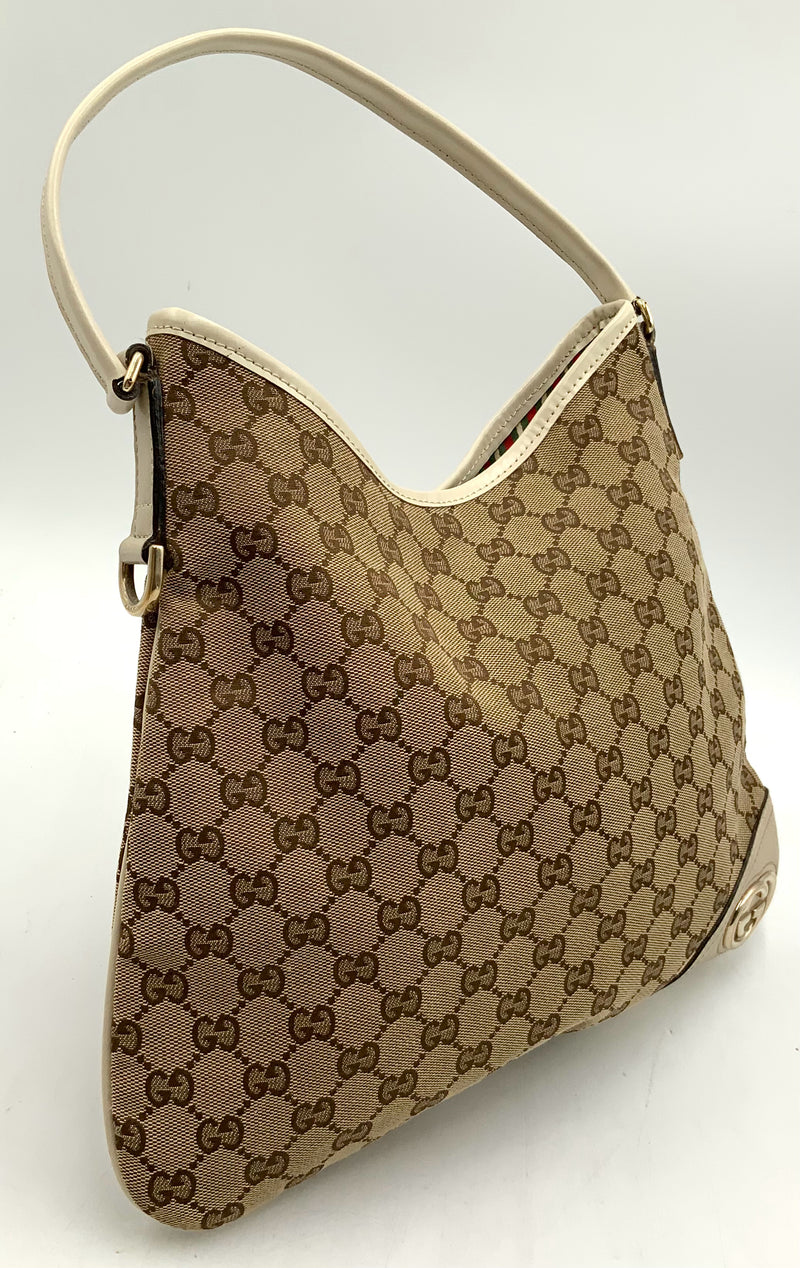 GUCCI Tan GG Monogram Canvas Beige Leather New Britt Hobo Bag