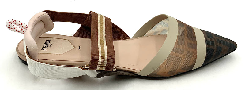FENDI Beige Brown Zucca Mesh Pointed Toe Slingbacks sz 40