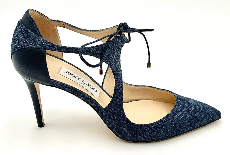 JIMMY CHOO Navy Denim Leather Vanessa Lace Up Pointed Pumps 41