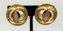 Gold Tone Faux Pearl Double CC Clip Earrings
