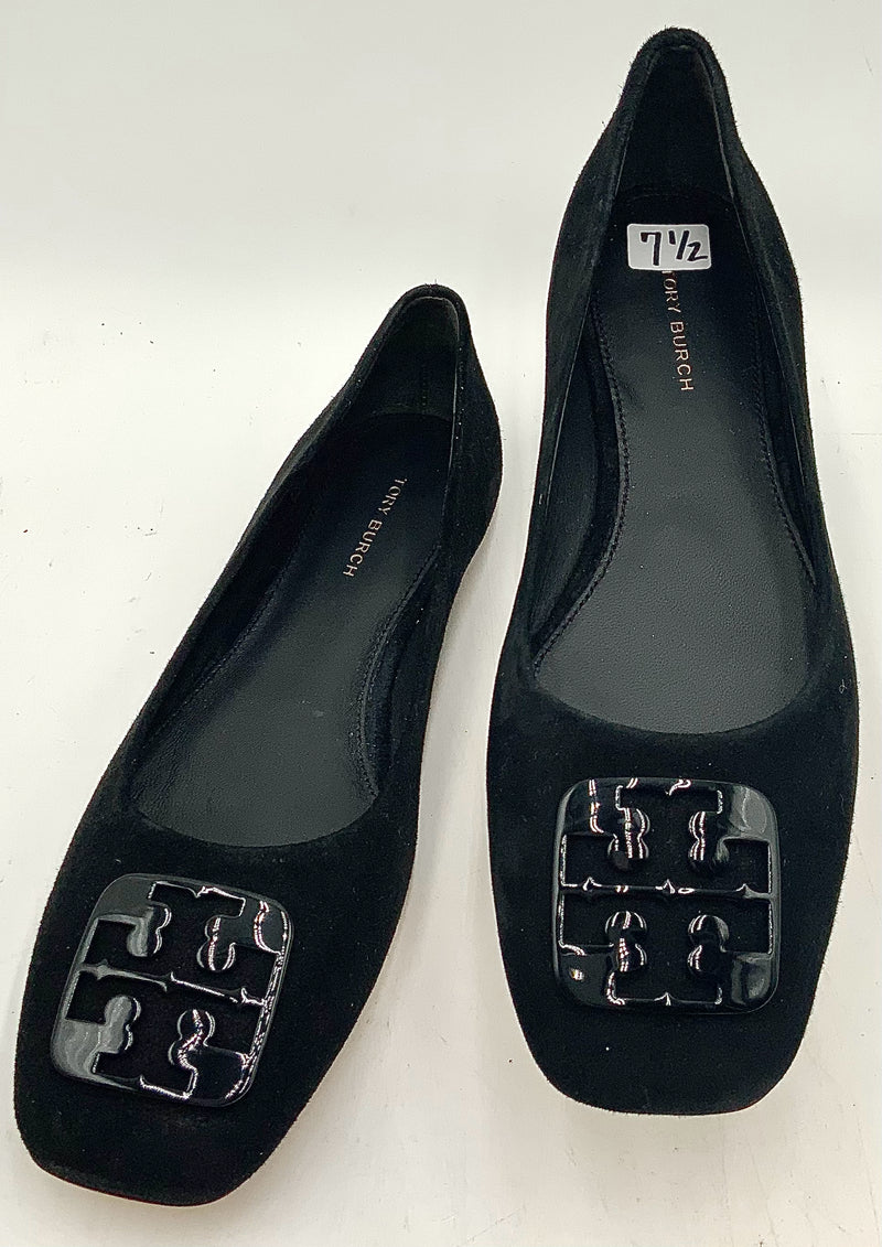 TORY BURCH Black Suede Square Toe Georgia Flats 7.5