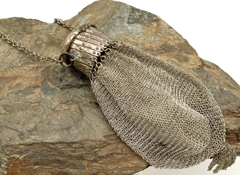 Antique Chinese Expandable Silvertone Metal Wristlet Purse