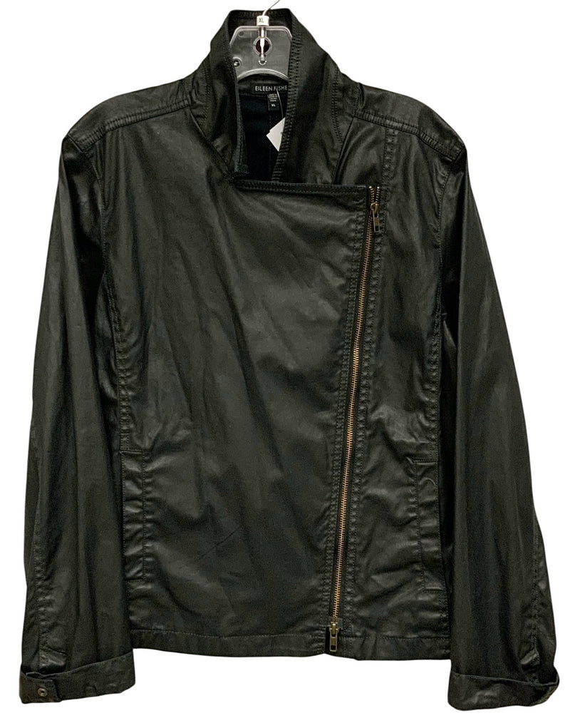 EILEEN FISHER Black Waxed Cotton Asym Zip Moto Jacket