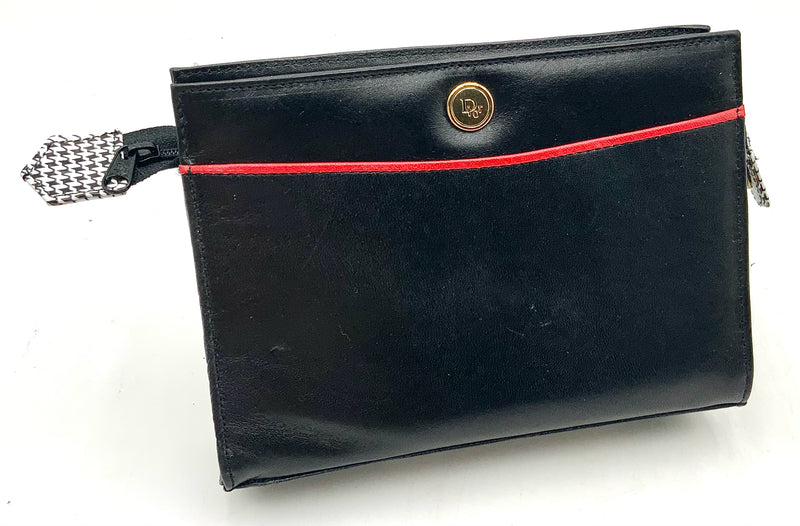 Christian Dior Vintage Black Leather Red Trim Zip Clutch