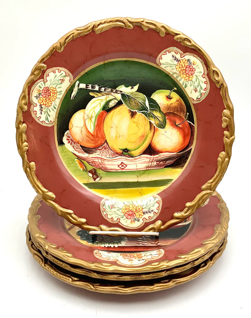 Set of 4 Raymond Waites Painted Fruit Plates with Gold Rim