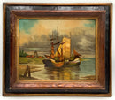 Vintage Oil On Board of Ships in Wood Frame
