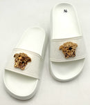 VERSACE White Goldtone Logo Gomma Palazzo Slides 36