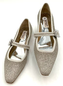 BADGLEY MISCHKA Silver Glitter w/Rhinestone Buckle Flats 6