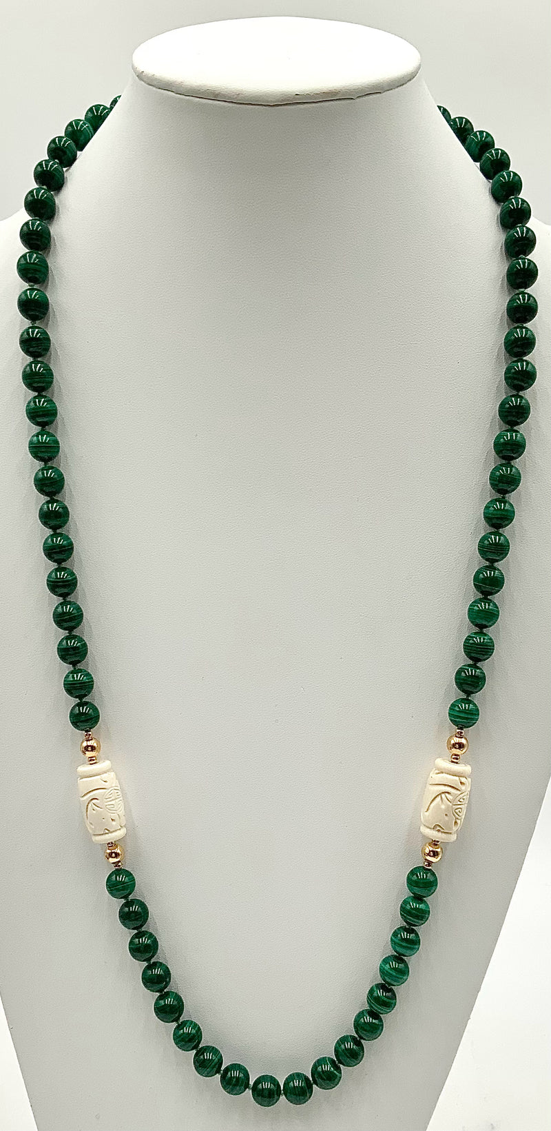 14kt Gold, Malachite & Carved Bone Hand-Knotted Beaded Necklace