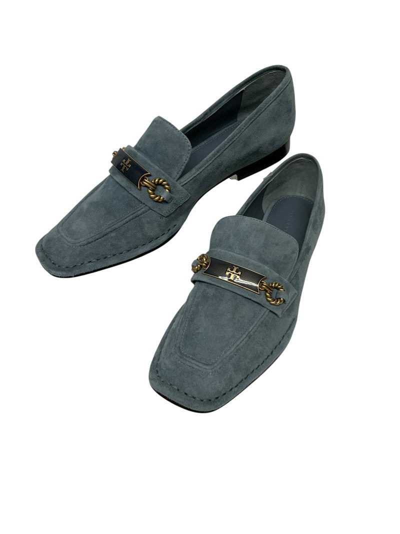 TORY BURCH Rainwater Blue Sue w/Metallic Logo Embell "Perrine" Loafer 7