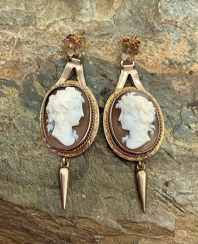 Victorian 14kt/10kt Gold & Carved Shell Cameo Earrings