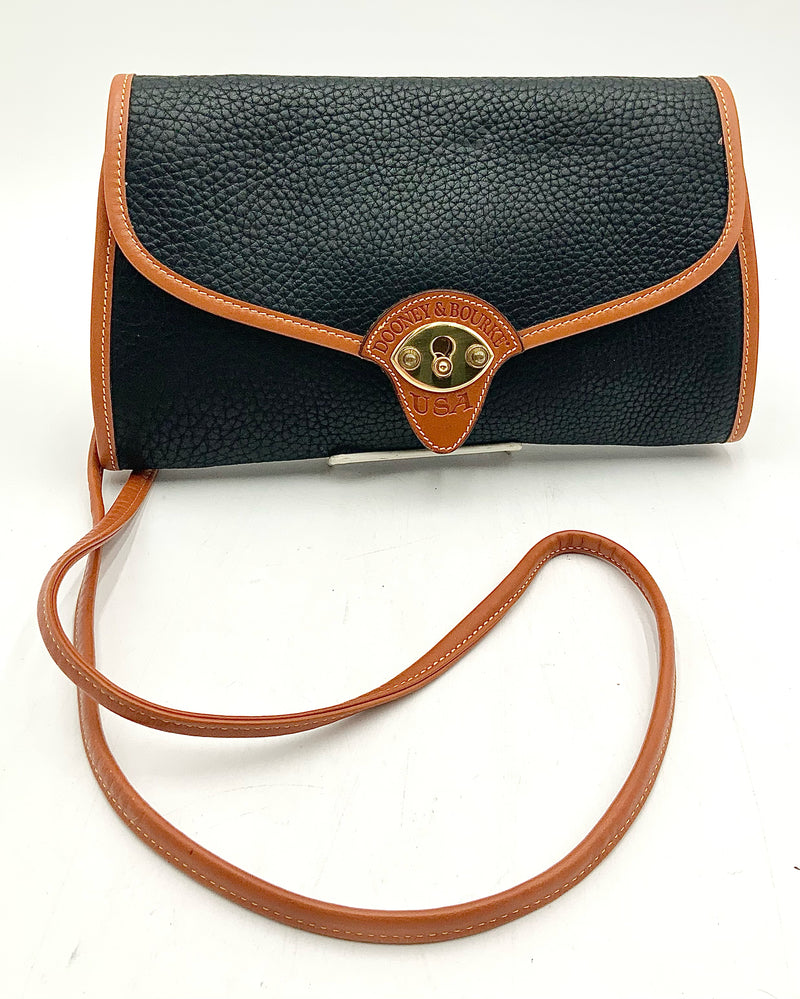 Dooney & Bourke Vintage Black Pebbled Leather Tan Trim All Weather Crossbody