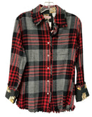 TIZZIE Red/Black Plaid Raw Edge w/Contrasting Cuff L/S B/D Top