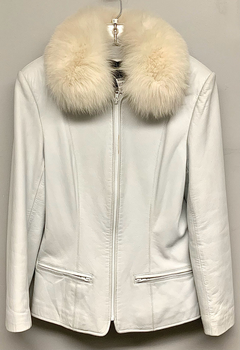 HENIG FURS White Leather Ivory Fox Collar Jacket