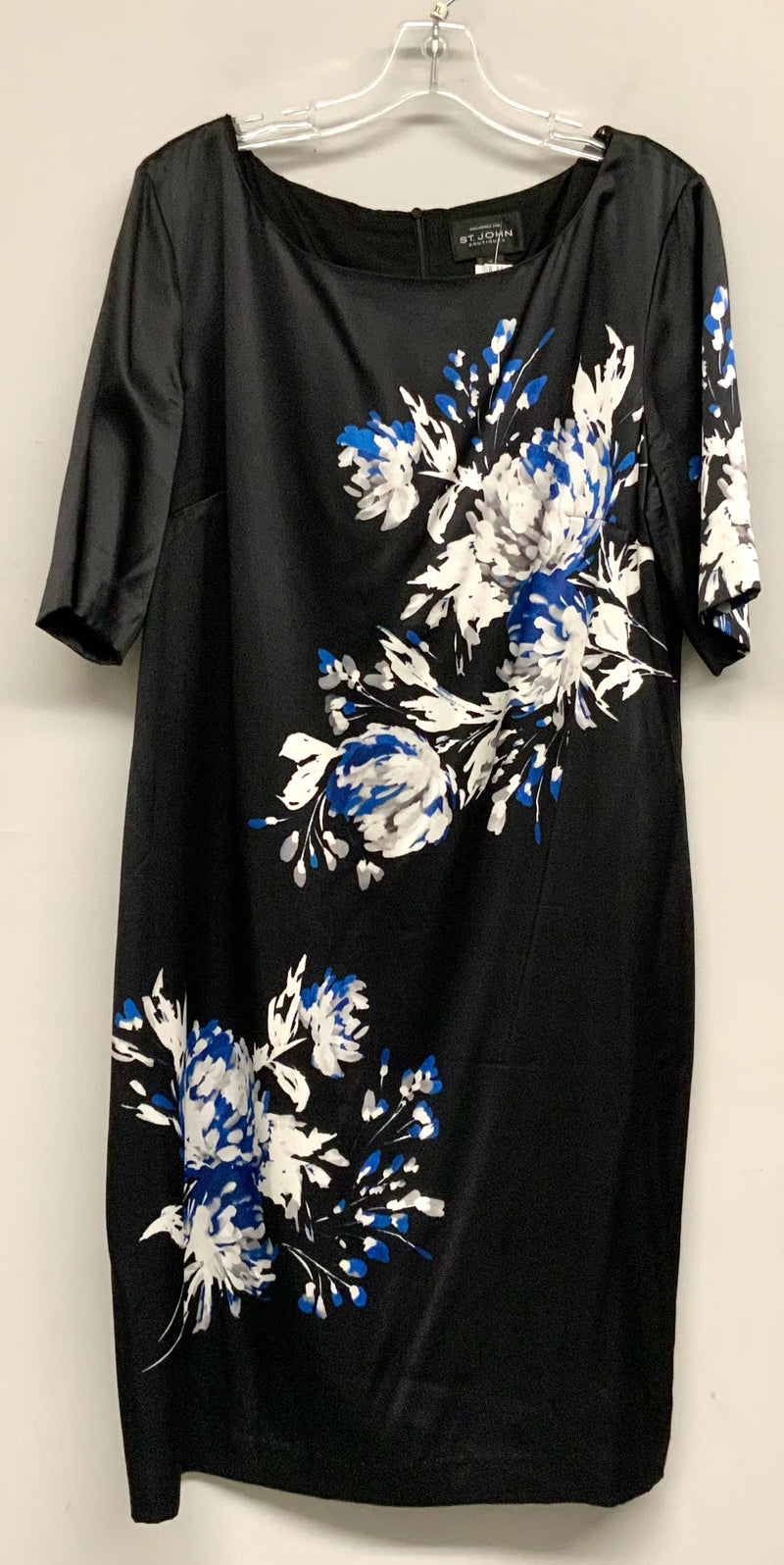 ST JOHN Black White Blue Floral Silk Midi Dress