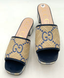 GUCCI Navy White Leather Tan Raffia GG Logo Heeled Slide Sandals 39