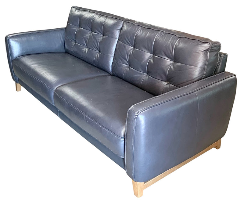 Navy Leather Sofa with Tufted Cushions