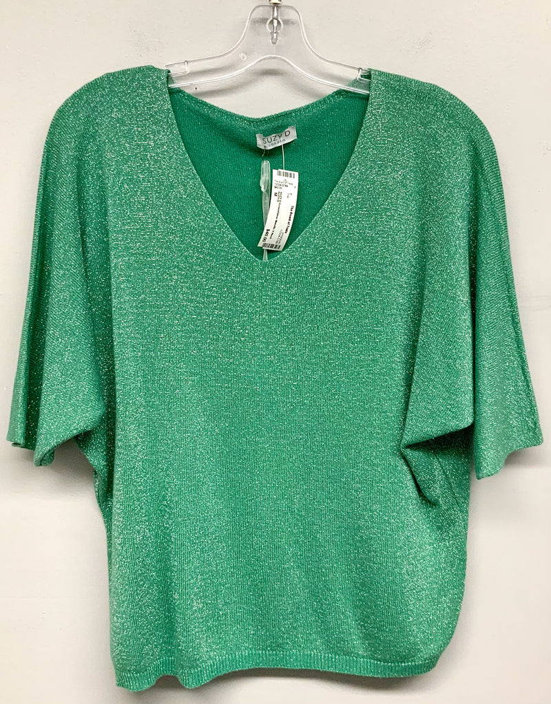 SUZY D Green/Silver Metallic V-Neck S/S Top