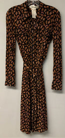 DVF Black Rust Gold Paisley Sheer L/S Belted B/D Dress