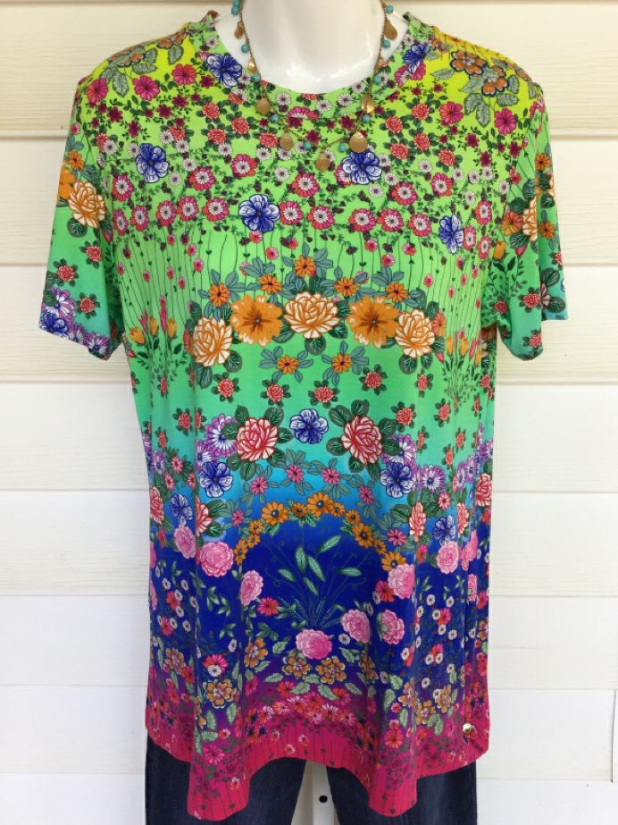 JOHNNY WAS Green/Blue/Pink Floral S/S Top