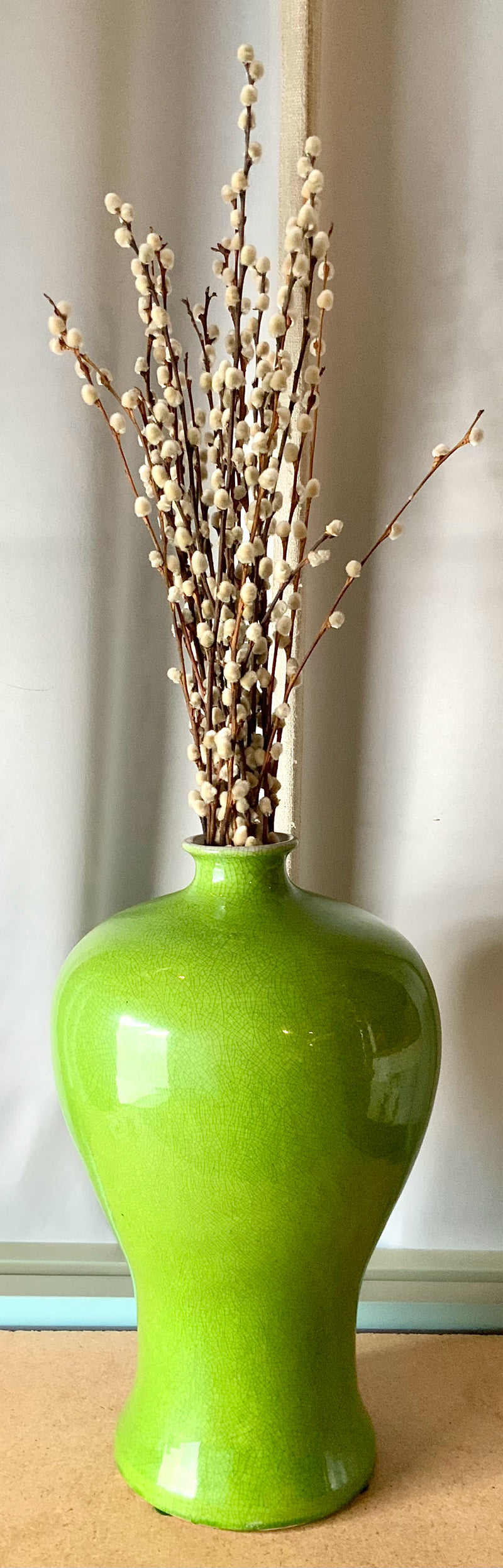 Lime Green Craquelure Vase with Pussy Willow