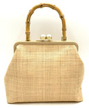 PAMELA MUNSON Natural Raffia Leather Frame Bamboo Handle Lee Bag
