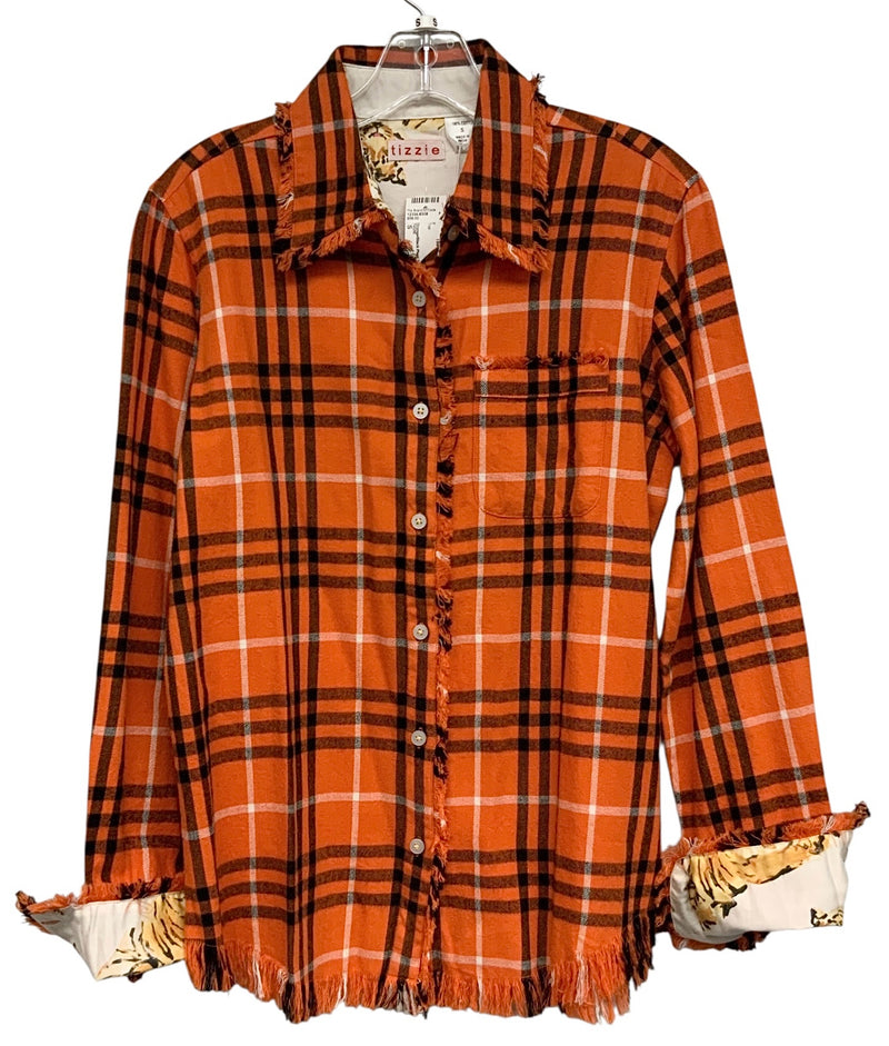 TIZZIE Orange/Black Plaid Flannel w/Contrasting Cuff Raw Edge L/S B/D top