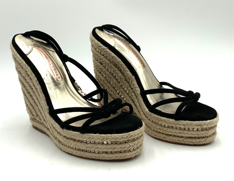 SOPHIA WEBSTER Black Suede Crystal Inset Espadrille Alina Wedge Sandals 38