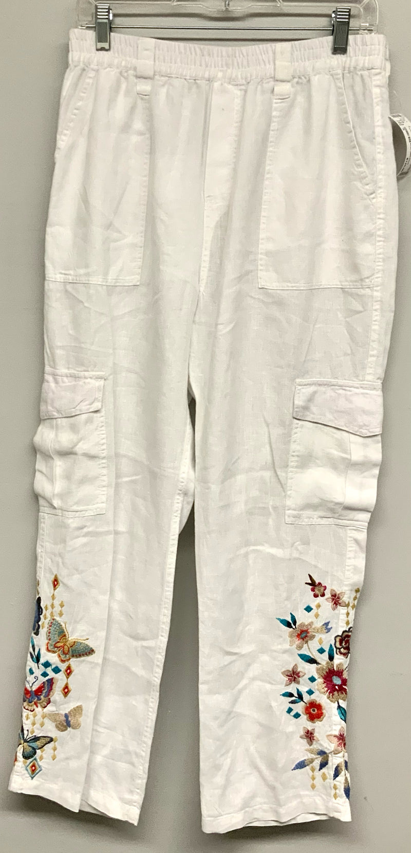 JOHNNY WAS White Linen Floral Embroidered Cargo Pants