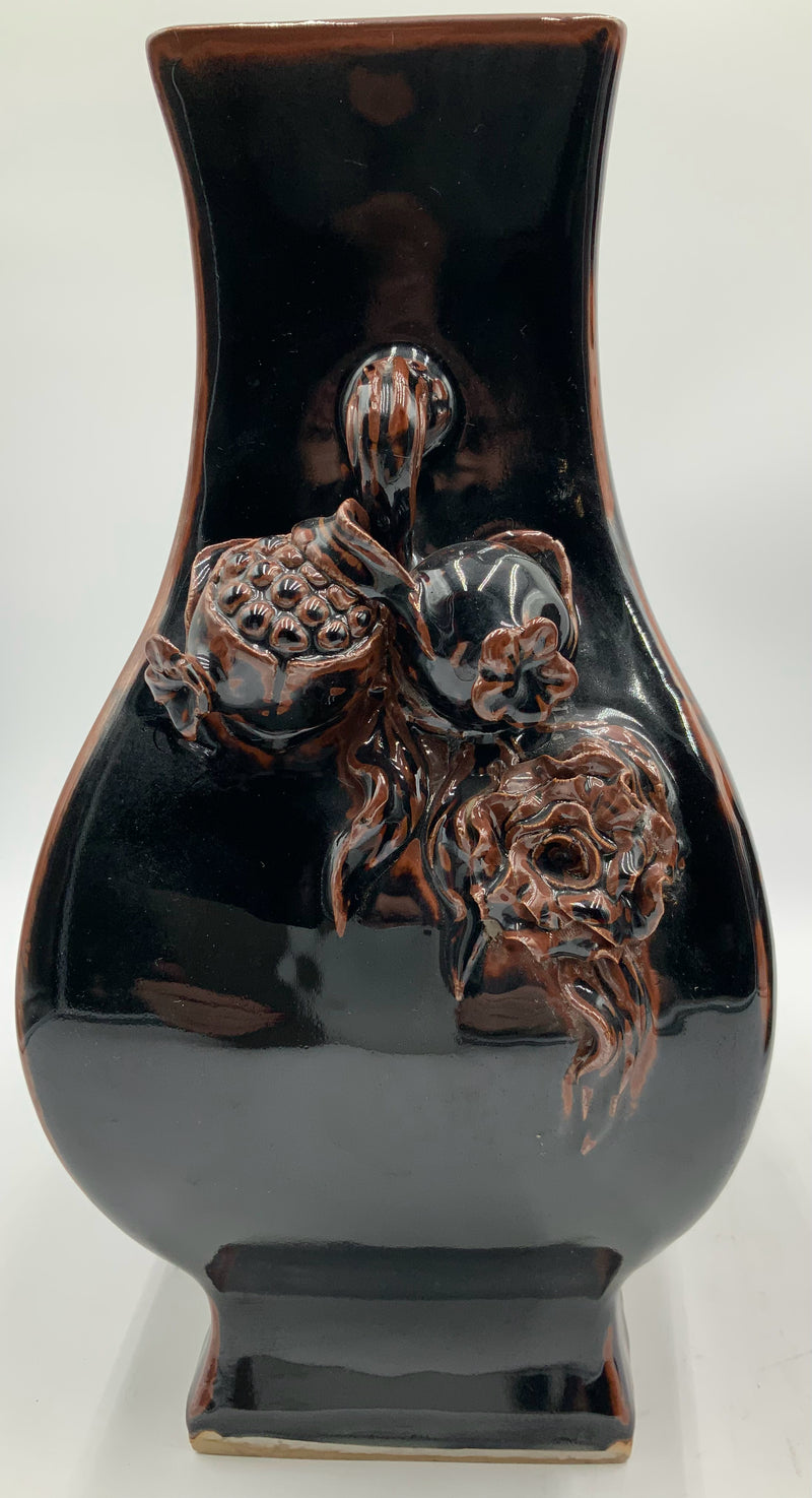 Pair of Black/Brown Glaze Ceramic Vases with Pomegranate Handles