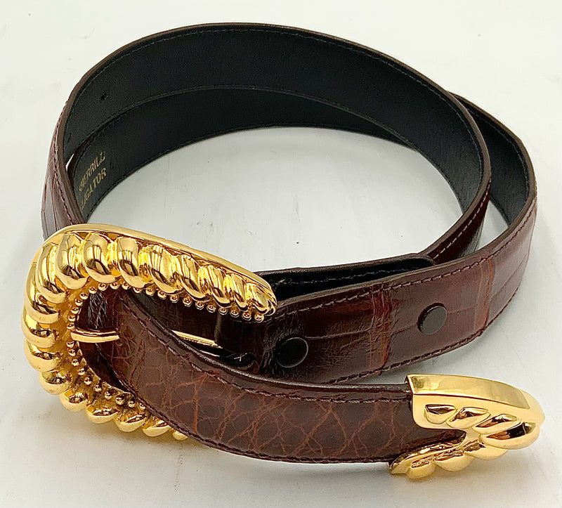 KLEINBERG SHERRILL Brown American Alligator Goldtone Ribbed Buckle Belt S