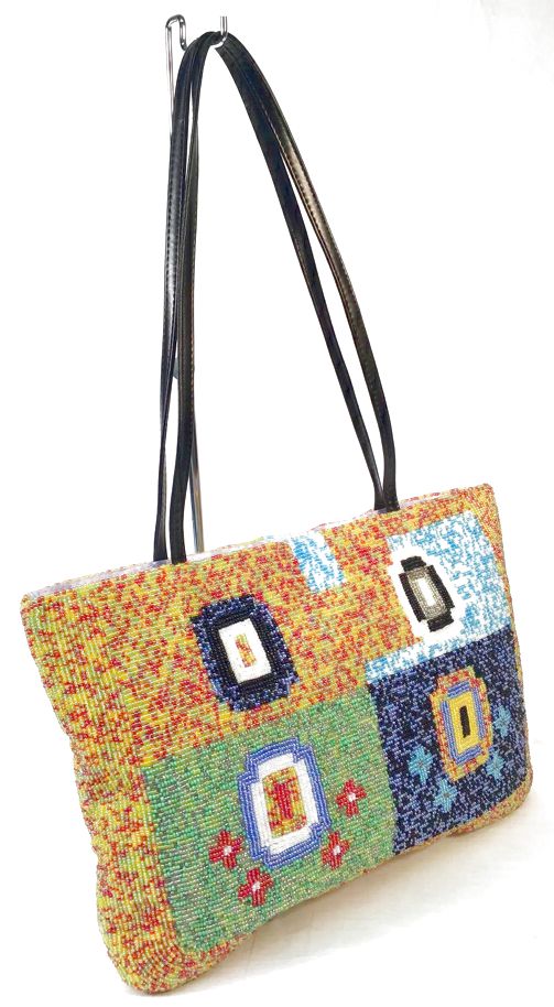 Y & S Vintage Yellow Pink Blue Multi Seed Bead Geometric Tote