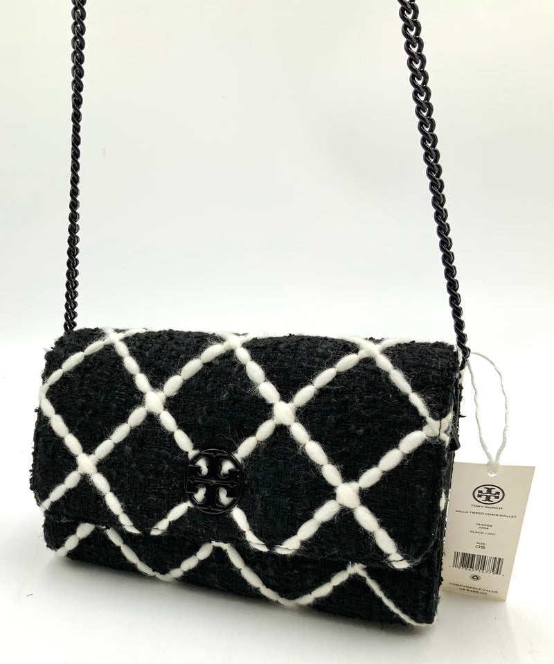 TORY BURCH Black White Willa Tweed Wallet on Chain Bag