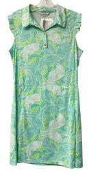 LA MER LUX Aqua/Green/White Leaf Print Pleated Trim S/L Dress