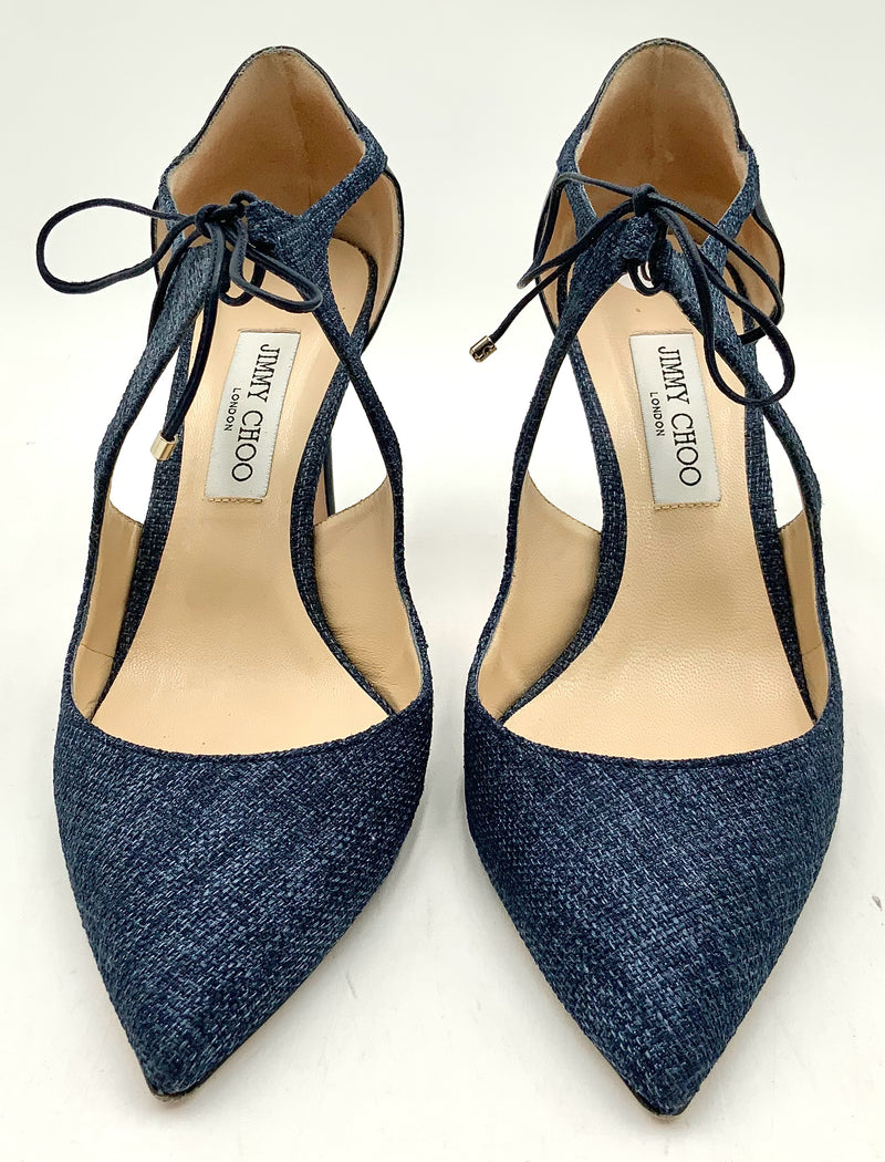 JIMMY CHOO Navy Denim Leather Vanessa Lace Up Pointed Pumps 41