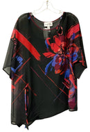 JOSEPH RIBKOFF Black w/Black/Red/Blue Sheer Floral Overlay S/S Top