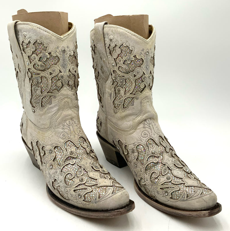 CORRAL Off White Leather Glitter Inlay Crystal Accent Western Boots 8M